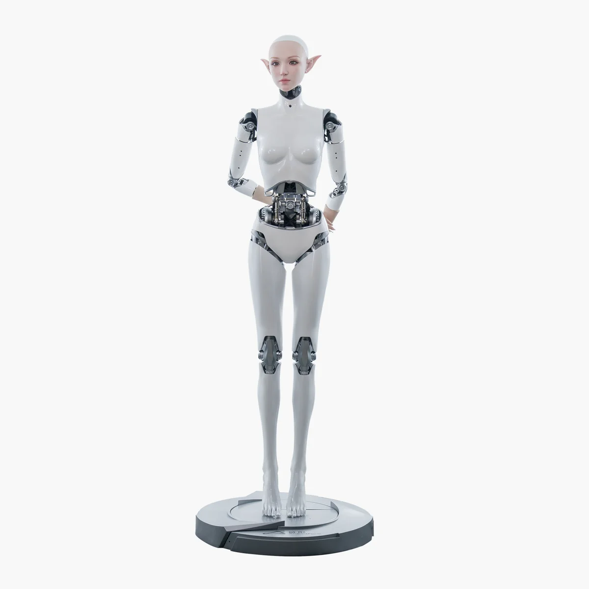 Elf Xuan 2.0 med mekanisk kropsskal og synlige led på stander. Kropsfotoet dokumenterer ikke selvstændig gang. Producentbillede: AheadForm.
