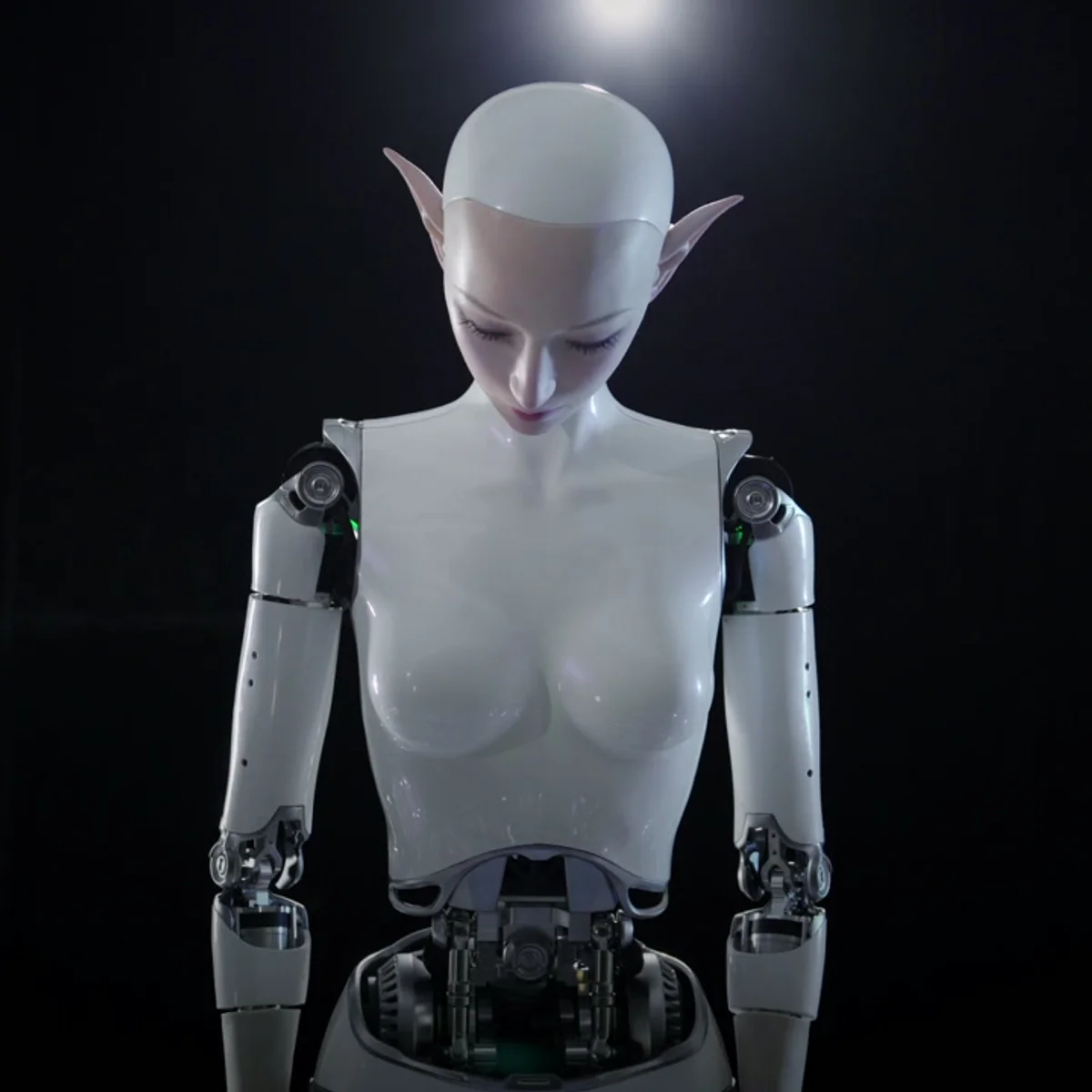 Elf Xuan 2.0 med nedadrettet hoved, mekanisk kropsskal og synlige skulder- og taljeled i mørk opstilling. Producentmateriale: AheadForm.