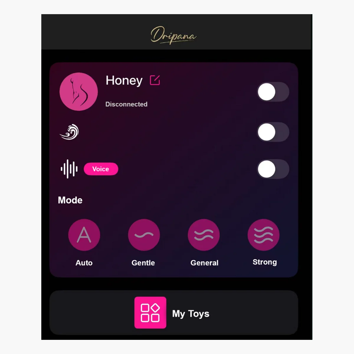 Dripanas betjeningsapp med automatisk og manuelt tilstandvalg. Producentens skærmbillede, vist på Renee-siden.