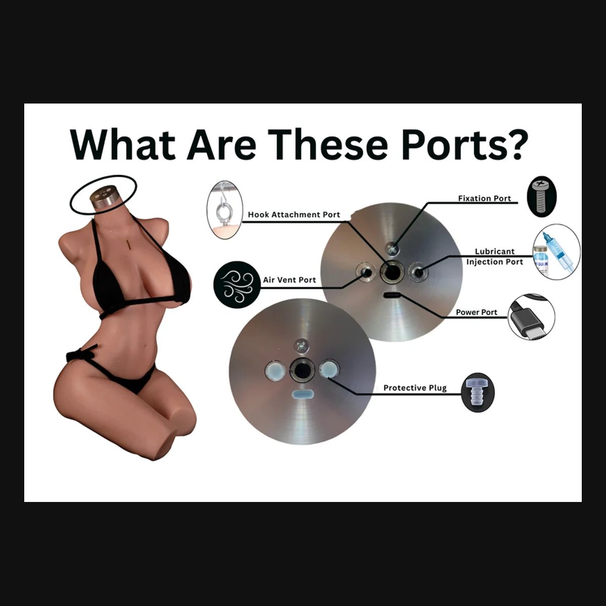 Dripanas fælles halsmodul med strømport, luftventil og påfyldning. Teknisk producentillustration; kroppen i diagrammet er ikke identificeret som Renee.