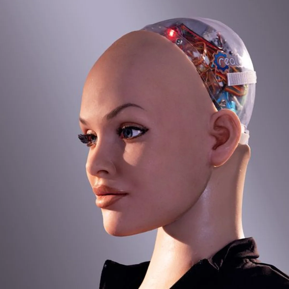 Robothoved uden paryk med synlig elektronik, vist i Echo-præsentationen. Producentfoto: Realbotix.