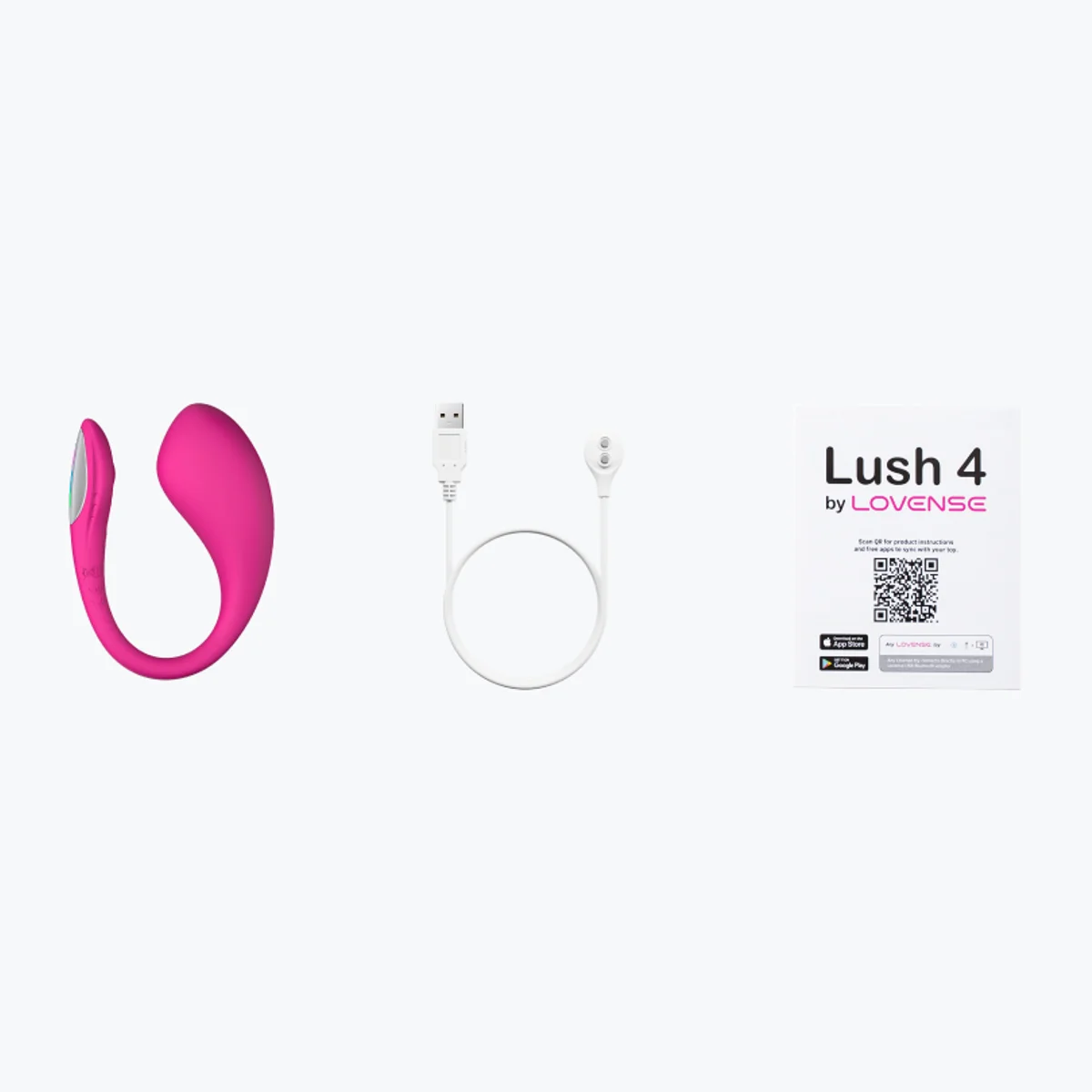 Lush 4 med magnetisk ladekabel og manual. Producentfoto: Lovense.