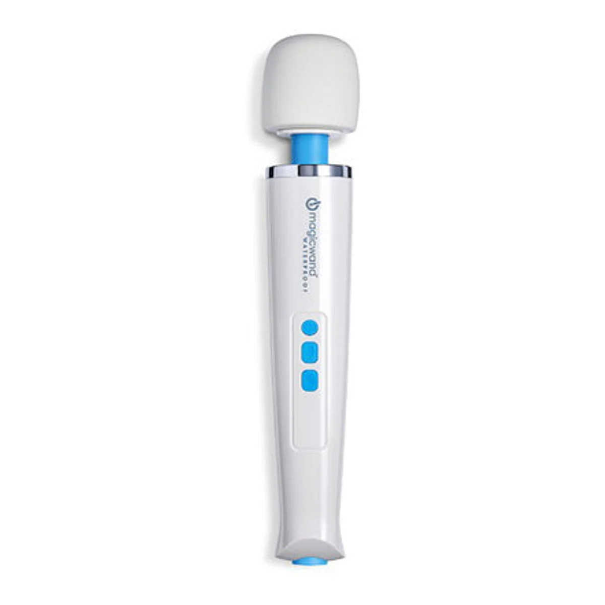 Frontfoto af Magic Wand Waterproof med det hvide silikonehoved og blå knapper. Billedkilde: Sexy Living.