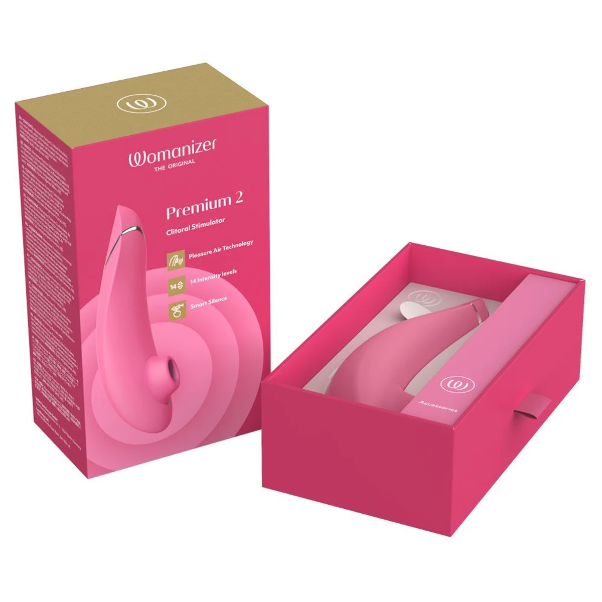 Womanizer Premium 2 i Raspberry med åben emballage. Foto fra producentens produktgalleri.