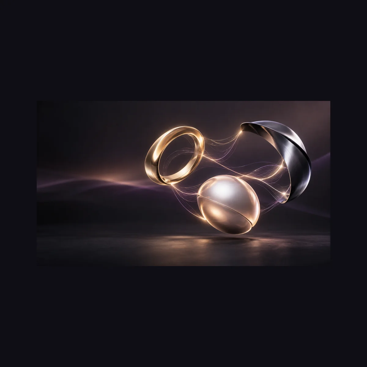 AI-generated abstract concept illustration of metal forms and luminous connections.