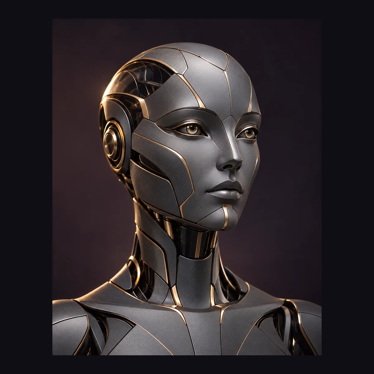 AI-generated concept illustration of a geometric robot head in graphite and gold. Not a specific model.