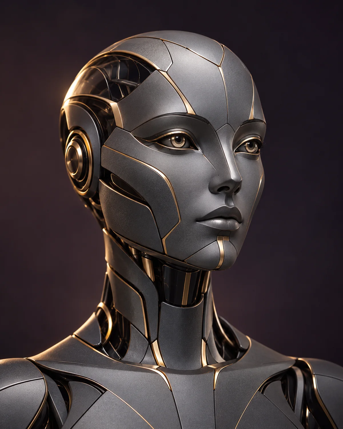 AI-genereret konceptillustration af et geometrisk robothoved i grafit og guld. Ikke en bestemt model.
