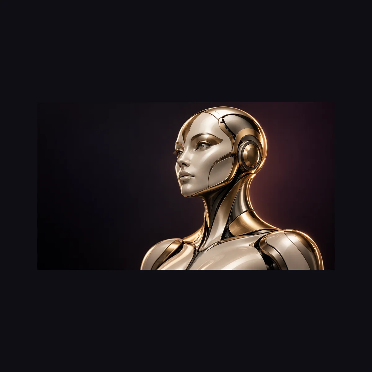 AI-generated concept illustration of a chrome and champagne-gold robot sculpture. Not a product photograph.